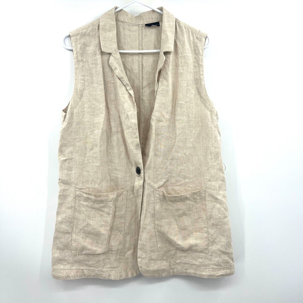Tahari 100% Linen Vest Womens L Beige Sleeveless Longline Patch Pocket Collared